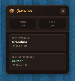 Optimizer panel showing best purchase recommendation
